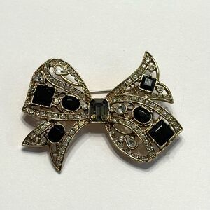 Vintage Black Clear Rhinestone Bow Brooch Pin Costume Jewelry